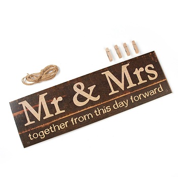 Natural Wood Hanging Wall Decorations for Front Door Home Decoration, with Clips and Jute Twine, Rectangle with Word Mr & Mrs, Coconut Brown, 40x120x5mm, Hole: 3mm