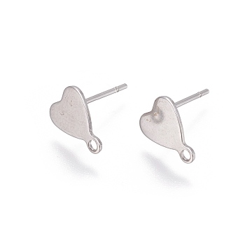 Stainless Steel Stud Earring Findings, with Loop, Heart, Stainless Steel Color, 10x8mm, Hole: 1.5mm, Pin: 0.7mm