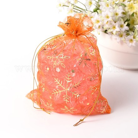黄金の雪片印刷祭りクリスマスオー​​ガンザの包装袋  レッドオレンジ  17.8x12.8cm OP-60Y-1-1