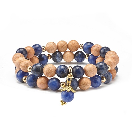 Set aus elastischen Armbändern mit runden Perlen aus natürlichem Sodalith und Holz BJEW-JB07165-04-1