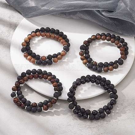 2 Stück 2-teiliges Stretch-Armbandset mit runden Perlen aus Naturholz und Lavagestein für Damen BJEW-JB09381-1