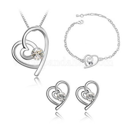 Real 18K Platinum Plated Alloy Rhinestone Heart Jewelry Sets SJEW-DD0002-015A-1