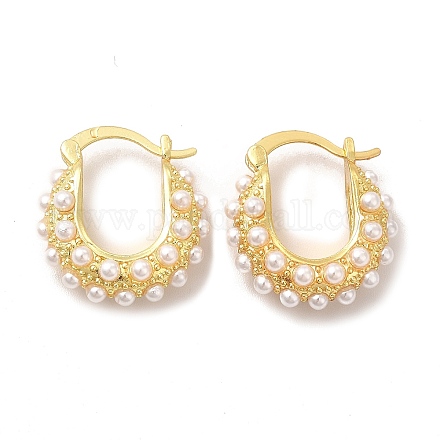 Pendientes de aro en forma de lágrima de latón chapado en estante con cuentas de perlas de imitación de plástico para mujer EJEW-G342-05G-1