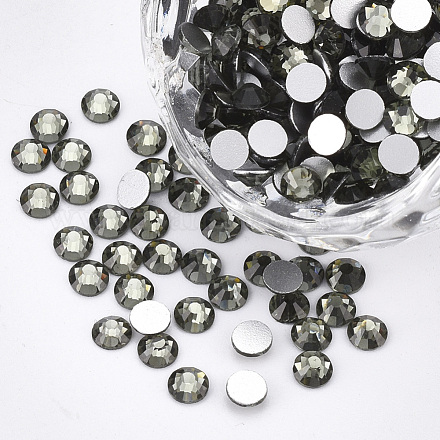 ガラスフラットバックラインストーンカボション  バックメッキ  多面カット半円形  ブラックダイヤモンド  ss16  3.8~4x1.5mm、約1440個/袋 RGLA-S002-16SS-01-1