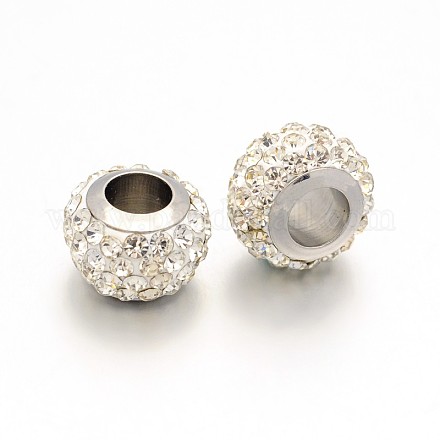 Large Hole Rondelle 304 Stainless Steel Polymer Clay Pave Rhinestone European Beads CPDL-N008-02A-1