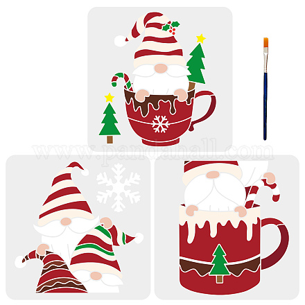 Mayjoydiy 3 pz stencil di gnomo di Natale stencil di ornamenti di Natale gnomo con cappelli nella tazza stile di giunzione 11.8×11.8 pollici con pennello stencil di Natale riutilizzabili per decorazioni fai da te DIY-MA0001-48-1
