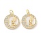Brass Micro Pave Clear Cubic Zirconia Pendants, with Shell and Jump Rings, Flat Round with Angel Charms, Real 18K Gold Plated, 18x16x2.5~3.5mm, Hole: 3mm