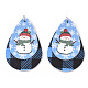 クリスマステーマpuレザービッグペンダント  プラチナトーンアイアンジャンプリング付き  ティアドロップ  雪だるまと  コーンフラワーブルー  56.5x37x3mm  穴：5mm FIND-R080-04-1