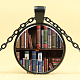 Book Pattern Flat Round Glass Pendant Necklaces NJEW-N0051-029A-03-1
