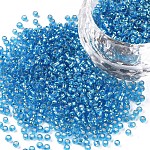 12/0 grade a perles de rocaille en verre rondes, Argenté, bleu profond du ciel, 12/0, 2x1.5mm, Trou: 0.3mm, environ 30000 pcs / sachet 