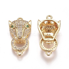 Connecteurs de liaisons en zircone cubique micro pavé en laiton, tête de léopard, clair, or, 29x14.6x6.5mm, Trou: 1.6mm