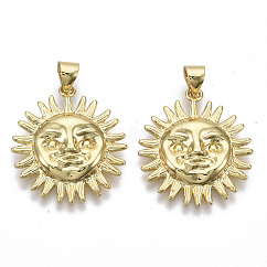 Pendente in ottone, nichel libero, sole, vero placcato oro 16k, 22.5x20x3.5mm, Foro: 3.5x4 mm