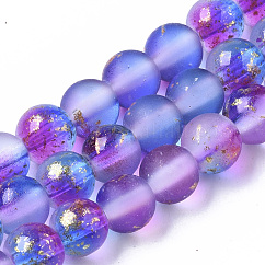Hebras de cuentas de vidrio pintado con spray esmerilado, con la hoja de oro, redondo, Violeta Azul, 6~7mm, agujero: 1.2~1.5 mm, aproximamente 65~67 pcs / cadena, 14.76 pulgada ~ 15.12 pulgadas (37.5~38.4 cm)
