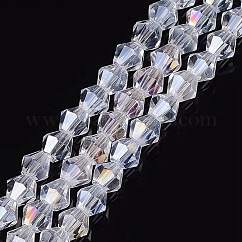 Abalorios de vidrio, color de ab chapado, facetados, bicono, claro ab, 4x4mm, agujero: 0.8~1 mm, aproximamente 75~78 pcs / cadena, 28~29 cm
