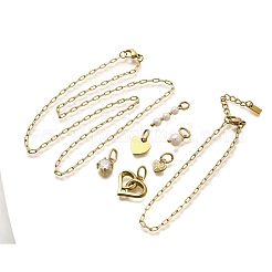 Conjuntos de collares y pulseras con colgante redondo de corazón de perla de concha y circonita cúbica&nbsp;SJEW-Q002-02G
