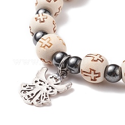 Stretch-Armband aus Holz und synthetischem Hämatit mit Engelsanhängern aus Legierung&nbsp;BJEW-JB08489
