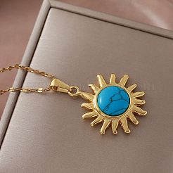 Collier pendentif soleil vintage en acier inoxydable 304 avec pierre turquoise synthétique teintée pour femme&nbsp;TN1181