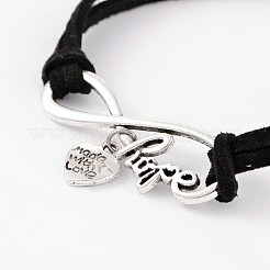 Sfioro con argento antico amore placcato in lega finta pelle scamosciata Braccialetti di collegamento cavo&nbsp;BJEW-JB02049