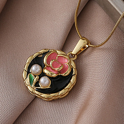 Colliers pour femmes en acier inoxydable chirurgical 316 émaillé avec pendentif rond plat en forme de fleur et perle d'imitation&nbsp;JA3265