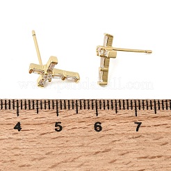 Orecchini a bottone con croce in ottone con micro pavè di zirconi trasparenti&nbsp;EJEW-C186-18G-02