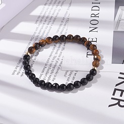Bracciale elasticizzato da donna con pietra nera naturale e perline rotonde occhio di tigre&nbsp;BJEW-JB07293-03