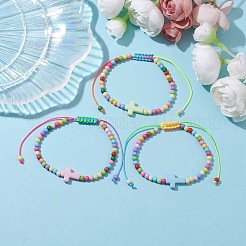 Kreuz- und runde geflochtene Acrylperlenarmbänder&nbsp;BJEW-JB10239-02