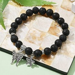 Braccialetti elasticizzati con perline rotonde di roccia lavica naturale&nbsp;BJEW-JB09899-01