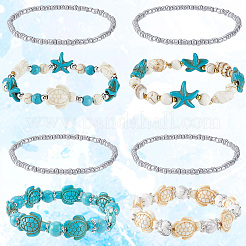 8 Stück Stretch-Armband mit Schildkröte und Seestern aus synthetischen türkisfarbenen Perlen&nbsp;BJEW-SC0001-46