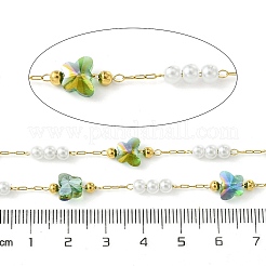 Cadenas de eslabones de vidrio con forma de mariposa y perlas de plástico ABS y acero inoxidable 304 con revestimiento iónico (IP) de 10 m&nbsp;CHS-G035-04G-05