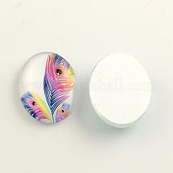 Ovale Cabochons aus Glas mit Federmuster und flacher Rückseite&nbsp;GGLA-R022-25x18-24
