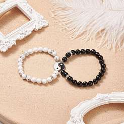 2 ensemble de bracelets extensibles en perles d'agate noire et de howlite teintées et chauffées de style naturel&nbsp;BJEW-TA00163