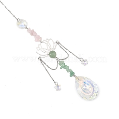 Acchiappasole a forma di loto in acciaio inox 304 e goccia di vetro con inserti di quarzo rosa naturale e avventurina verde.&nbsp;HJEW-JM05007