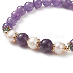 Braccialetto elasticizzato da donna con pietre preziose naturali e perle e ottone con perline floreali&nbsp;BJEW-JB09010