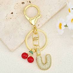 Porte-clés pendentif lettre en laiton micro pavé de zircons cubiques transparents&nbsp;KEYC-SW00015-U