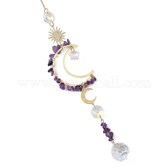 Sonnenfänger aus natürlichen Amethyst- und Sternglasperlen mit Messing-Sonne-Mond-Anhänger&nbsp;HJEW-JM05016-02