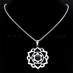 Collana con ciondolo a forma di fiore di loto chakra 201 in acciaio inossidabile con pavé di pietra blu sintetica per donna&nbsp;NJEW-K283-26P