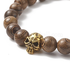 Stretcharmband mit Totenkopfperlen aus natürlichem Wengeholz und Legierung für Damen&nbsp;BJEW-JB09146
