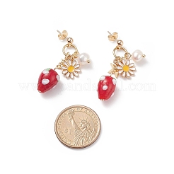 Natürliche Perle & Legierungs-Emaille-Blumen- & Bunte Malerei-Erdbeer-Ohrstecker&nbsp;EJEW-TA00143