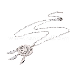 Anlaufgeschütztes gewebtes Netz/Gewebe mit Feder 201 Edelstahl Boho Anhänger Halsketten für Damen&nbsp;NJEW-G087-08P