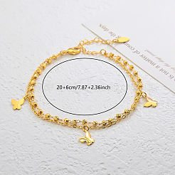 Bracelets de cheville vintage en laiton avec pompon papillon et chaîne double couche pour femmes&nbsp;OZ0830