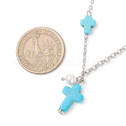 Colgante de cruz de turquesa sintética teñida y perla de concha redonda&nbsp;NJEW-JN05793