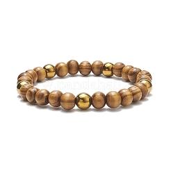 Rundes Stretch-Armband aus Naturholz und synthetischem Hämatit für Damen&nbsp;BJEW-JB09148