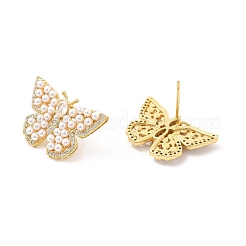 Orecchini stdud a farfalla con zirconi cubici trasparenti e perle in abs&nbsp;EJEW-P213-06G