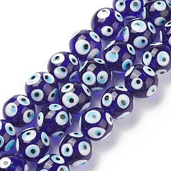 Hechos a mano de mal de ojo lampwork perlas hebras, redondo, azul, 15.5x14.5mm, agujero: 1.5 mm, aproximamente 10 pcs / cadena, 5.98 pulgada (15.2 cm)