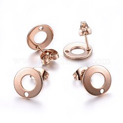 Revestimiento iónico (ip) 304 fornitura de pendiente de botón de acero inoxidable, con anillas y pendientes, plano y redondo, oro rosa, 10x1mm, agujero: 1.5 mm, pin: 0.8 mm