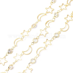 Brass & Cubic Zirconia Handmade Beaded Chains, with Spool, Long-Lasting Plated, Moon & Star, Soldered, Golden, 8~10x5~8x0.5~2mm, about 10.93 yards(10m)/roll