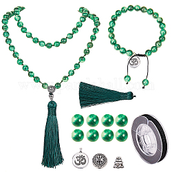 Creazione di collana fai da te sunnyclue, con perle di giada naturale, accessori in lega, pendenti in nappa di poliestere e filo di nylon, verde scuro