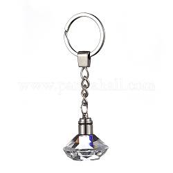 Diamantförmiger Schlüsselbund aus facettiertem Glas, mit platinierten geteilten Schlüsselringen aus Eisen, Transparent, 96 mm, Anhänger: 30.5x30 mm