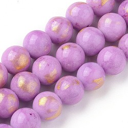 Chapelets de perles de jade naturel, une feuille d'or, teinte, ronde, violette, 10mm, Trou: 1.4mm, Environ 39 pcs/chapelet, 15.55 pouce (39.5 cm)