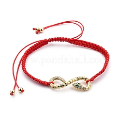 Bracelets de perles de nylon tressés réglables, bracelets ficelle rouge, avec des maillons en zircone cubique micro pavés en laiton et des perles en laiton, serpent, véritable 18k plaqué or, rouge, diamètre intérieur: 2-1/4~4-1/4 pouce (5.7~10.8 cm)